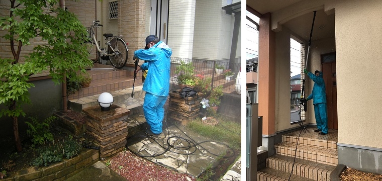 熊谷市 高圧洗浄 外壁 高圧洗浄機 コンクリ レンガ ブロック 車庫 玄関 門柱